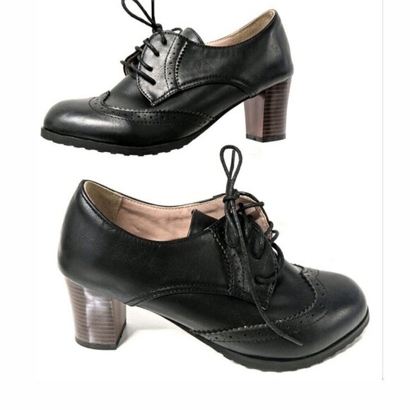 Shoes - Ladies Retro Cuban Mid Block Heel Lace Up Oxford Pumps Size 38 (7) Wing Tip